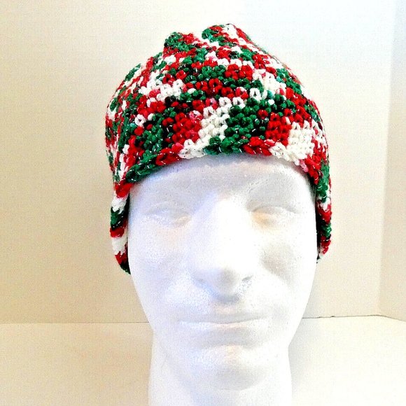 Red Green Baggy Beanie OS Slouch Cap Hat Handmade Crochet Hand Knit Sparkly NWT - Picture 6 of 8